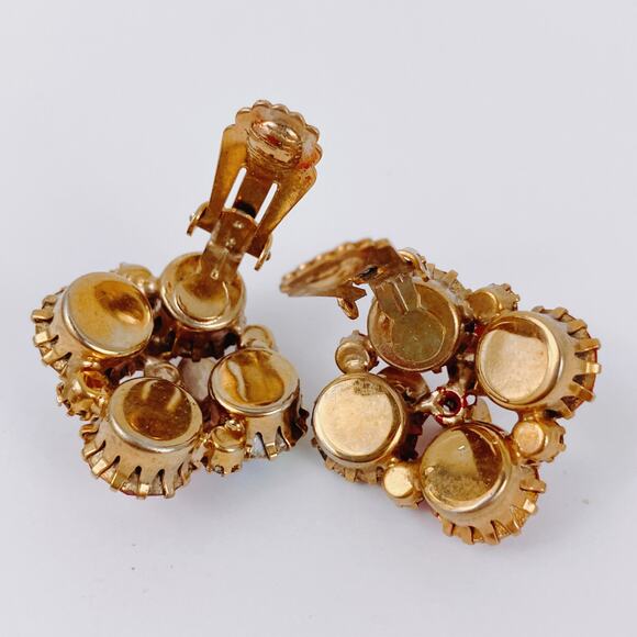 Signed Karu Arke Mid Century 50s Pink Rhinestone Enamel Flower Clip On Earrings - Picture 9 of 12